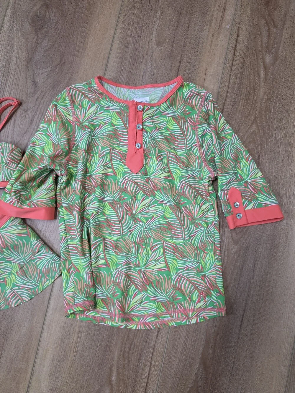 Cabana Life Coral Trim Green Pink Tropical Print Swim Top, Bottoms, Rashguard